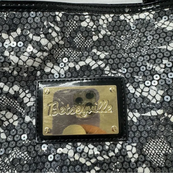 Betsey Johnson Betsyville Black White Floral Sequined Tote Bag Handbag Tote Purse Y2K McBling - Image 6