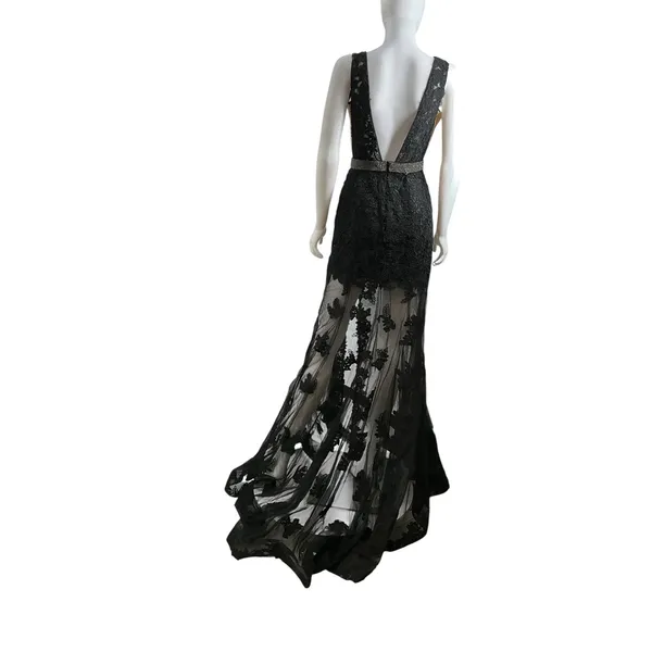 Sherri Hill Black Lace Plunging V-Neck Beaded Waist Formal Gown Dress Size 4 - Image 12