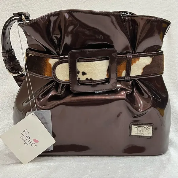 Beijo Copper Brown Faux Leather Bag with Cow Hair Belt Detail NWT - Image 3