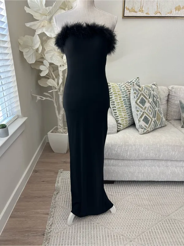 Jessica McClintock Gunne Sax Strapless Feather-Trim Black Evening Gown Size 7/8 - Image 2