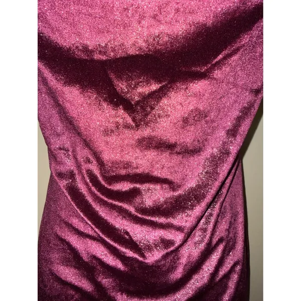 Y2K Women Shimmer Burgundy Velvet Cowl Neck Bodycon‎ Mini Dress S Night out - Image 2