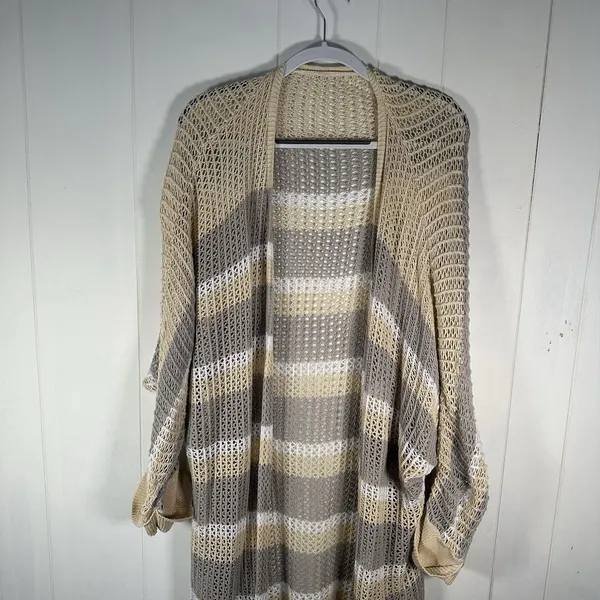 Women’s XL Beige Striped Open Knit Long Cardigan Duster Boho - Image 2
