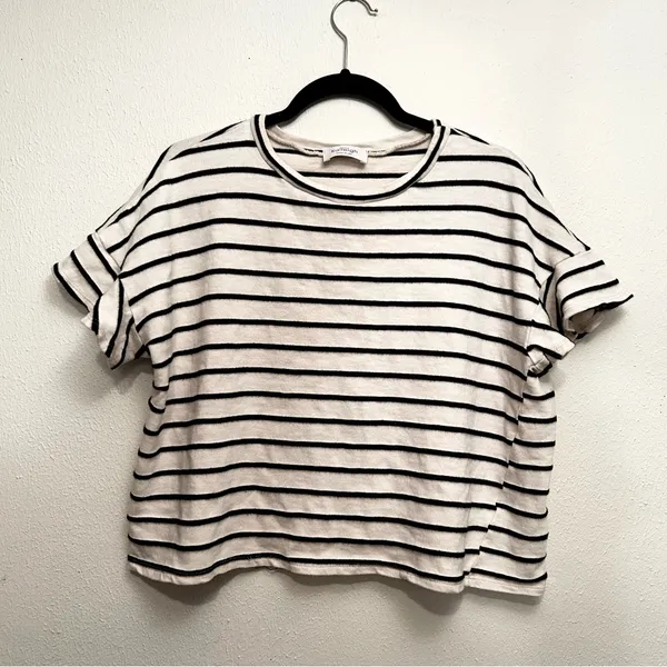 Kaileigh Striped Ruffle Sleeve Knit Top Cream Black Made‎ in USA Womens - Image 2
