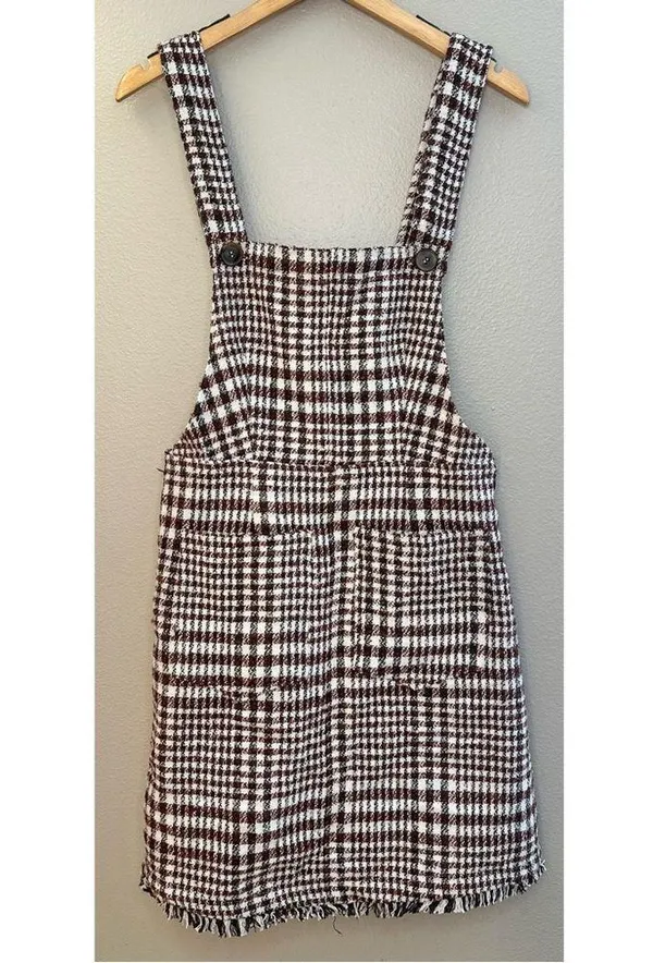 NWT Tea N Rose Brown and White Overall Houndstooth Pinafore Dress Raw Hem - Image 3