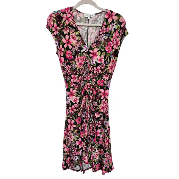 Hale Bob LA Floral Colorful Alessia Jersey Ruched Flounce Dress Size Medium - Image 2