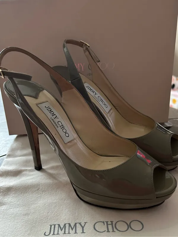 Jimmy Choo Vertigo Patent Leather Slingback Peep-Toe Pumps Pebble Palladium - Image 3