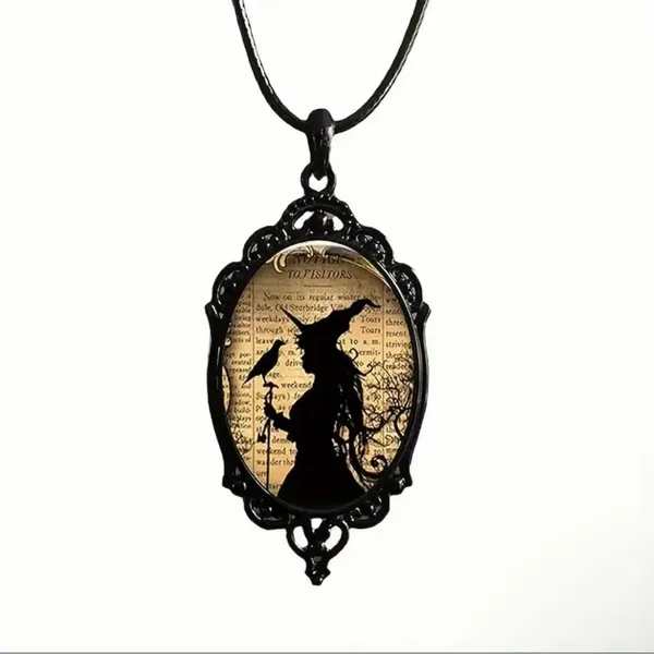 Witch And‎ Raven Cameo Black Pendant, Vintage Style Gothic Crow Glass Pendant - Image 6