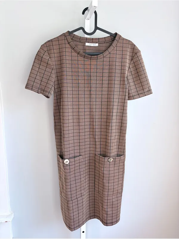 Zara Brown Plaid Short-Sleeve Shift Dress - Image 2