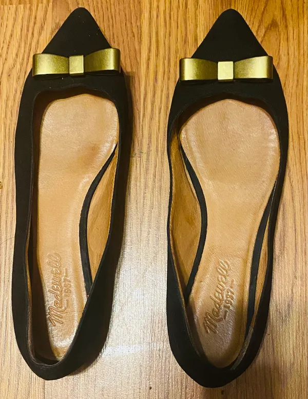 The Bow Tie Skimmer Black Suede Flats size 7 *. Metal gold bows at toes.. Pointy toe flats. ▪️Size 7 ▪️0.25” heel ▪️Excellent used condition: light wear to bottoms and some wear to metal bows - Image 3