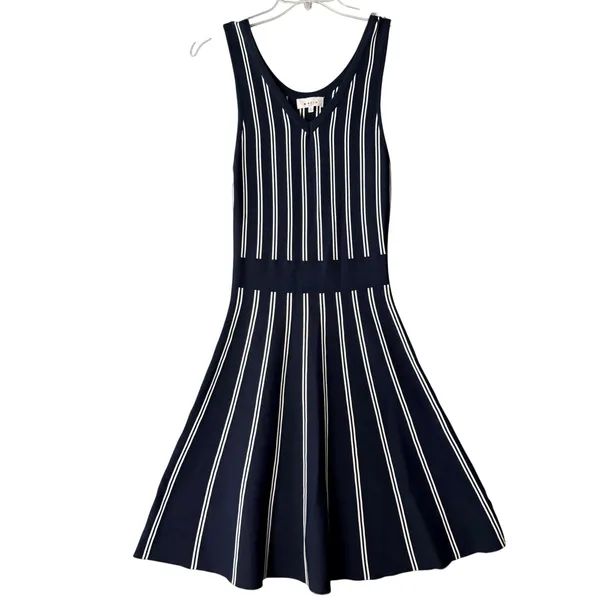 Magia USA Navy Blue White‎ Striped Knit Fit Flare Midi Dress Sleeveless Large - Image 2