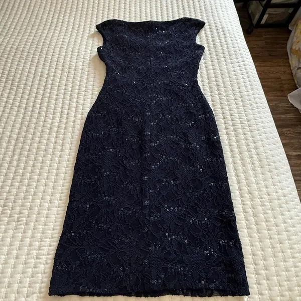 Lauren Ralph Lauren Blue Sequin Lace Ruched Sheath Cocktail Dress Sz 4 - Image 9