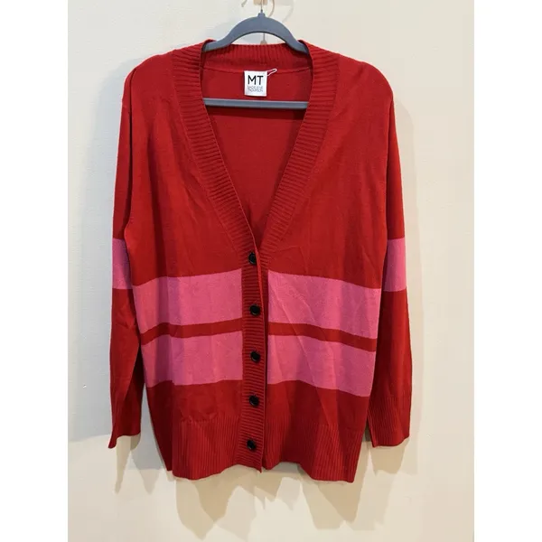 Madeleine Thompson Womens‎ Button Del Ray Cardigan Sweater Red & Pink Striped - Image 2