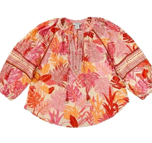 Size S Tropical Floral Bohemian Peasant Style Blouse With Tassels - Image 2