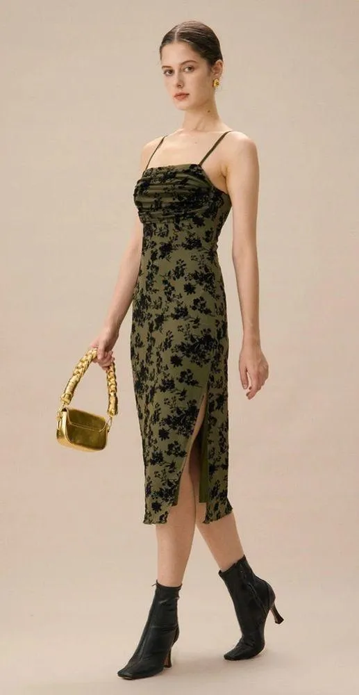 Rihoas Green Jacquard Ruched Slit Midi Dress - Image 4