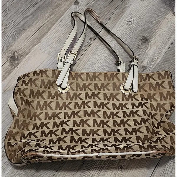 MIchael Kors Signature Jet Set Logo Canvas Shoulder Tote Bag Mocha‎ Leather Trim - Image 2