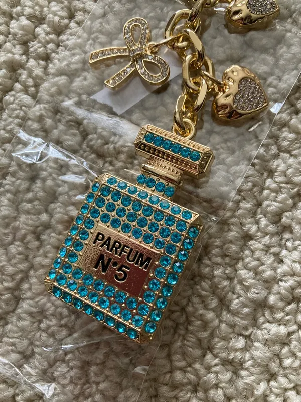 NEW Gold & Turquoise Parfum N°5 Bottle Charm Bag Charm Keychain NIB - Image 3