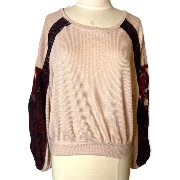 Free People Womens Casual Clash Waffle Top In‎ Rose Balloon Sleeves Boho Sz S - Image 10