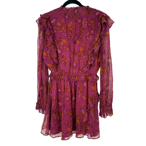 Cleobella Everly Floral Ruffle Mini Dress Medium Magenta Boho Long Sleeves - Image 3