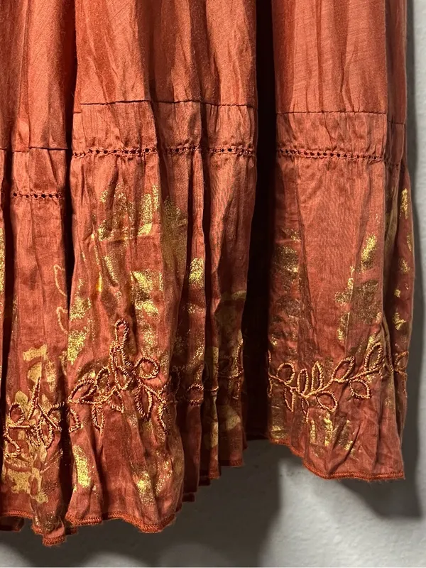 Vintage Burnt Orange Cotton Silk Embroidered Hem Gathered Boho Maxi Skirt - Image 5
