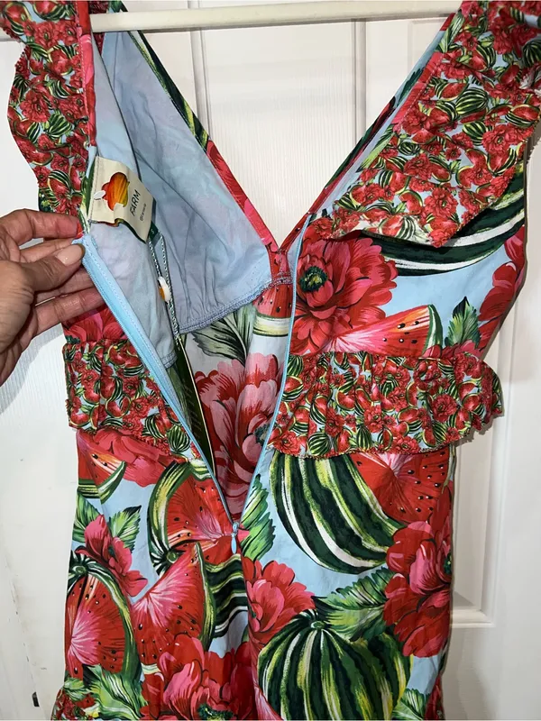 FARM Rio Watermelon Flowers Mini Dress Red Multi Cotton Ruffle Size S - Image 5