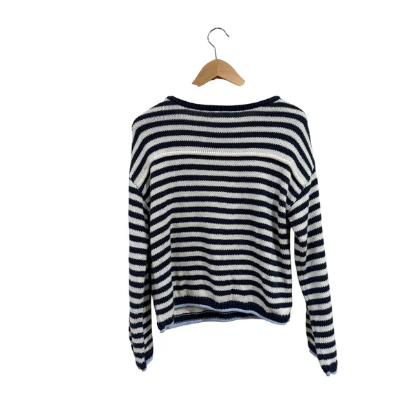 American Eagle Striped Knit Sweater Navy White Light Blue Trim Women Small - Image 2