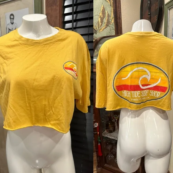 Surf Style High Tide Surf Shop Tybee Island GA Cropped Graphic T-Shirt Yellow Women's XL - Image 3