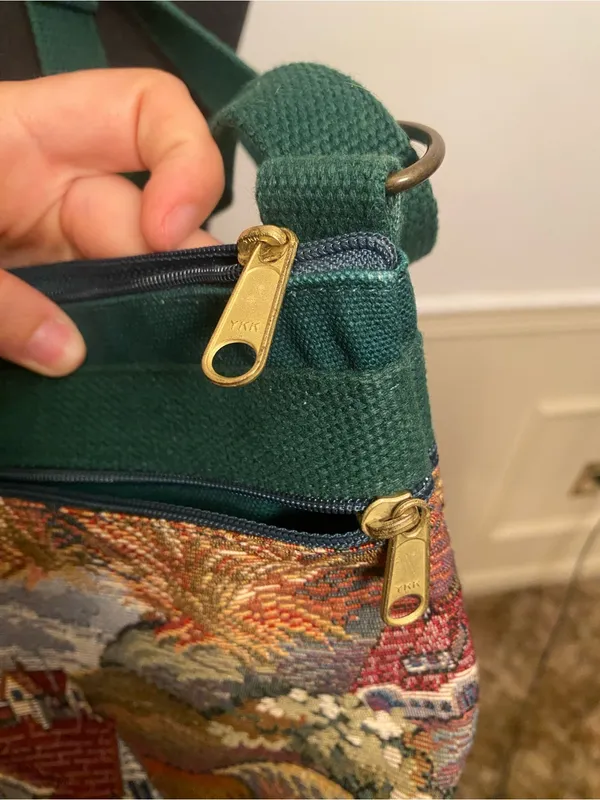 Scenic Tapestry Green Crossbody Bag with Village Motif My Maine Bag Embroidered - Image 5