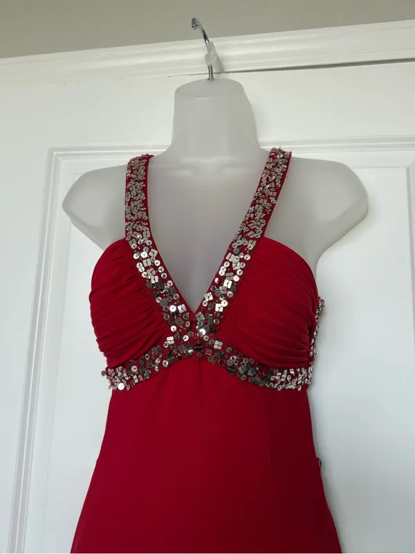 Hailey Logan by Adrianna Papell Red Sequin Cage Back Maxi Gown Prom Dress 3/4 - Image 3