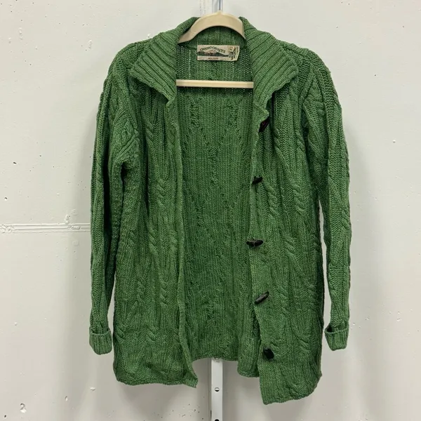 Vintage Aran Crafts Merino Wool Cable‎ Knit Button Cardigan Sweater Green XS - Image 3