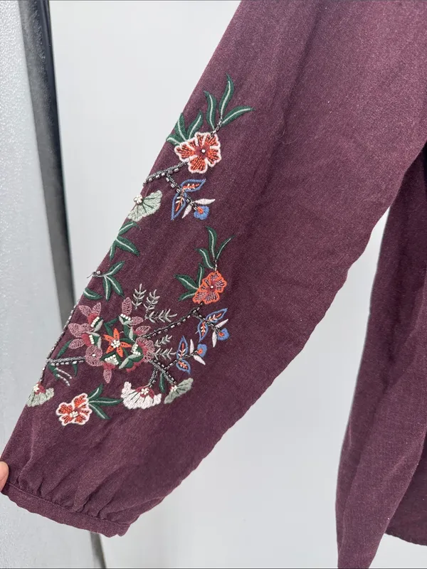 J. Jill Deep Plum maroon embroidered Long-Sleeve Round Neck top boho fall L - Image 5