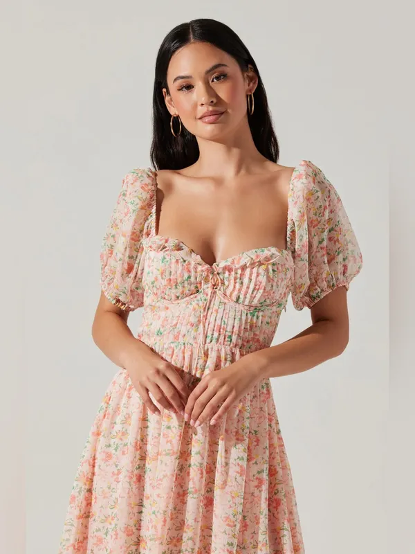 ASTR Lunaria Milkmaid Midi Dress Large Peach Floral Wedding Guest Garden Party - Image 4
