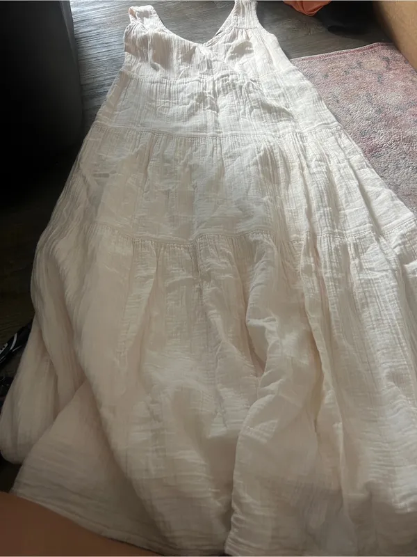 Quince Organic Cotton Gauze Tiered V-Neck Maxi Cream Dress Size xs - Image 14