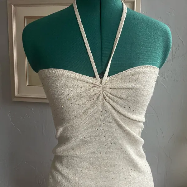 Wild Fable Stretch bodycon Midi Halter Dress Cream Sparkles Knit - Image 2