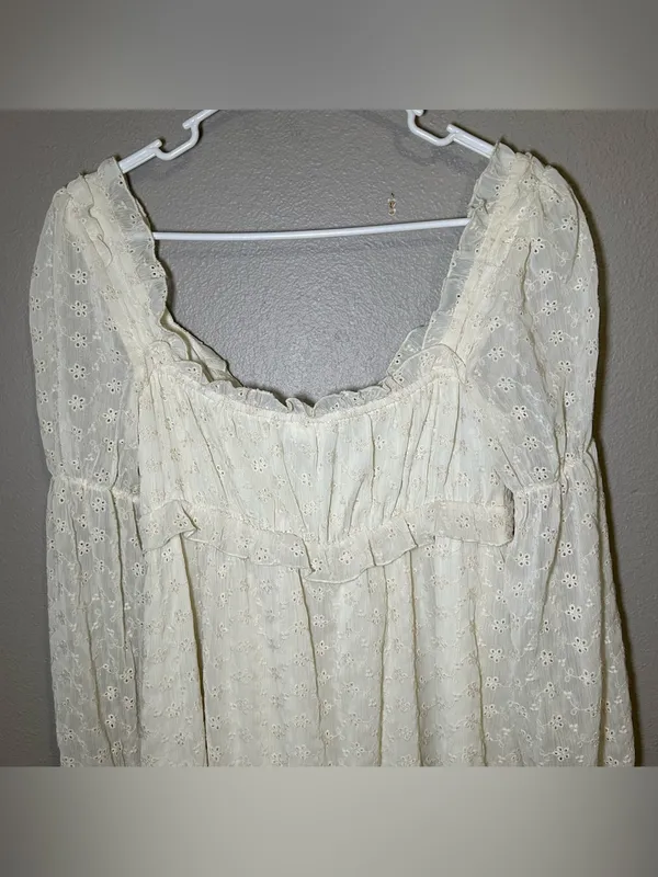 Storia Neutral Sheer V Neck Long Sleeve Cottagecore Mini Dress Women’s Medium - Image 5