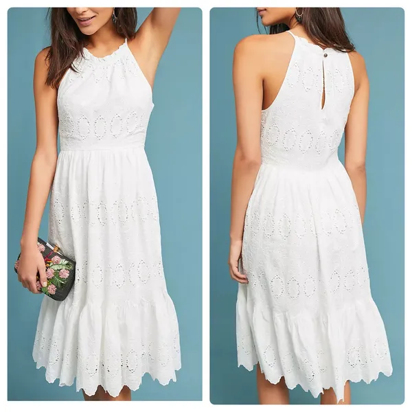 Anthropologie Maeve Womens Boho Beachy Tiered Eyelet Midi Dress‎ Size 0 White - Image 2