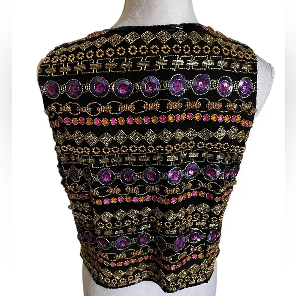 Vintage Niteline Della Sequin Beaded Notched Vest Top Glam size M Silk - Image 3