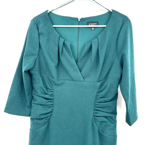 Adrianna Papell Sz 12 Dress Teal Ruched Ruffle Layers Short Sleeve Sheath Formal - Image 3