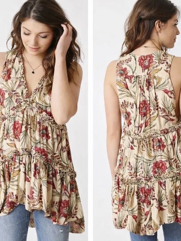 Free People Tiered Layered Floral‎ Bird Print Blouse Top Tunic Small Boho - Image 2