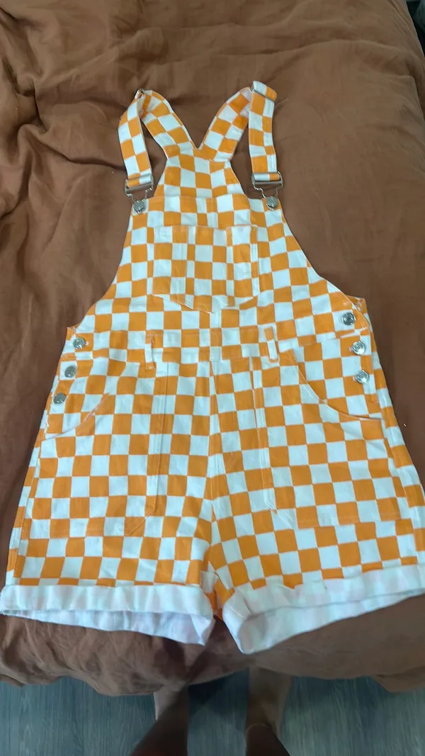 Orange & White Checkered Romper Overalls - Image 2
