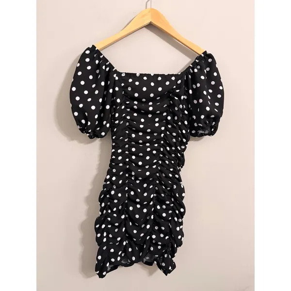 Zara Polka Dot Mini Dress Womens XS Black White Ruched Puff Sleeve‎ Bodycon - Image 4