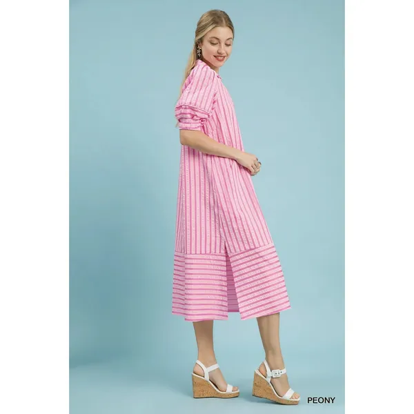 Umgee Striped Puff Sleeve Midi Dress - Peony - Small‎ - Image 2
