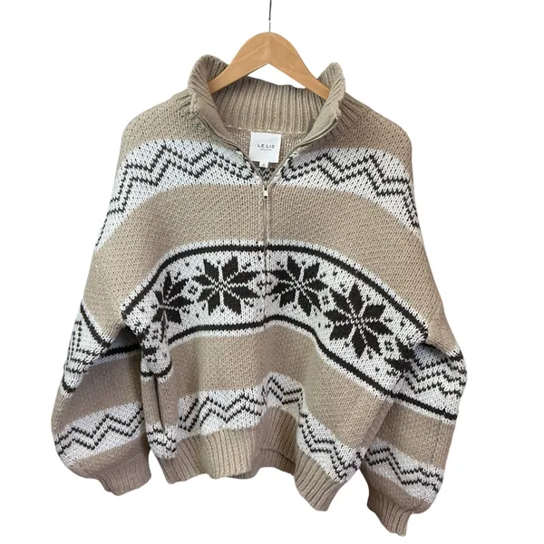 Le Lis Collection Womens Fair Isle Quarter Zip Sweater Tan‎ Brown Nordic M - Image 2