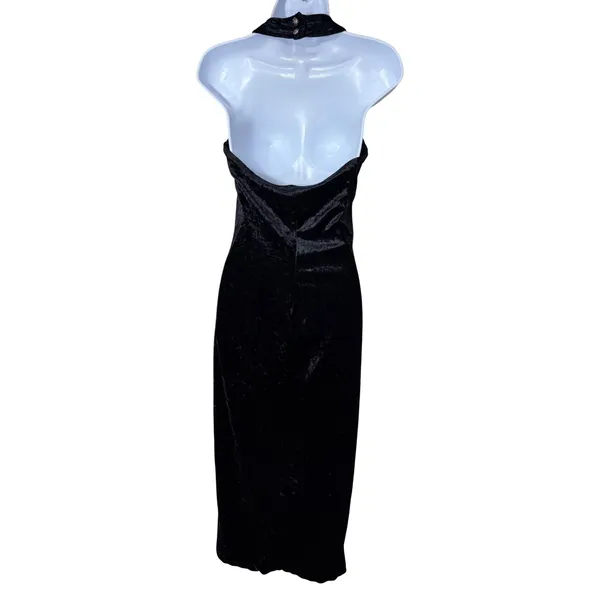 All That Jazz Vintage 90s Black‎ Crushed Velvet Halter Maxi Dress Side Slit Med - Image 5