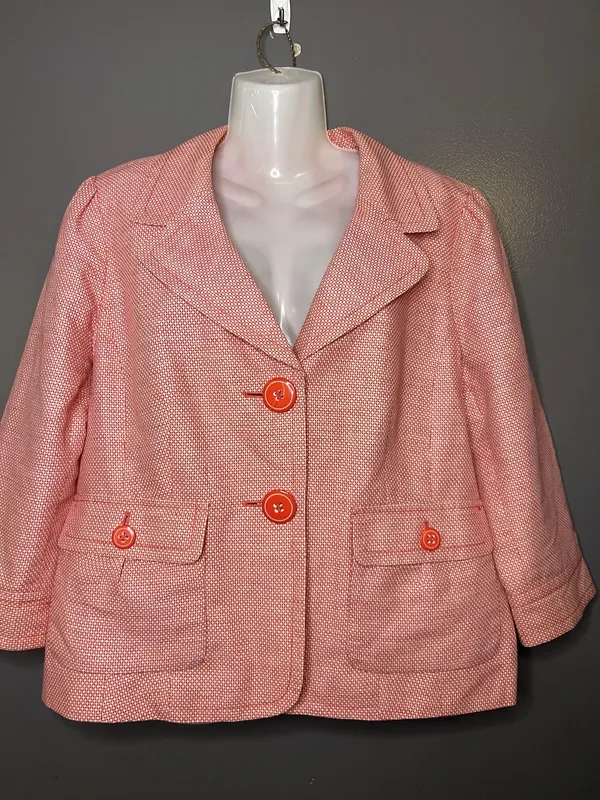 Halogen Blazer Womens XL Pink Linen Blend Tweed 3/4 Sleeve Button Jacket Pockets - Image 2
