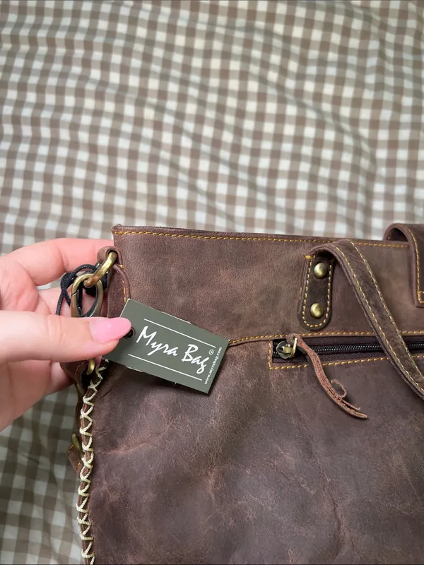 Myra Bag Rustic Brown Leather Tote with Dual Straps - Image 7