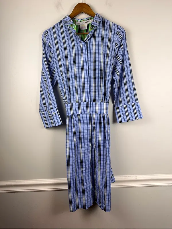 New Gretchen Scott Breezy Blouson Dress in periwinkle blue plaid size small - Image 2