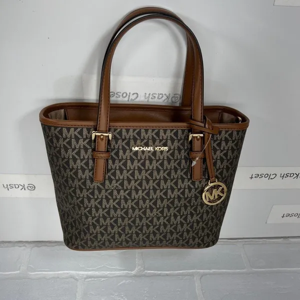 Michael Kors Brown Gold Metallic Print Top Zip Tote Bag - Image 8
