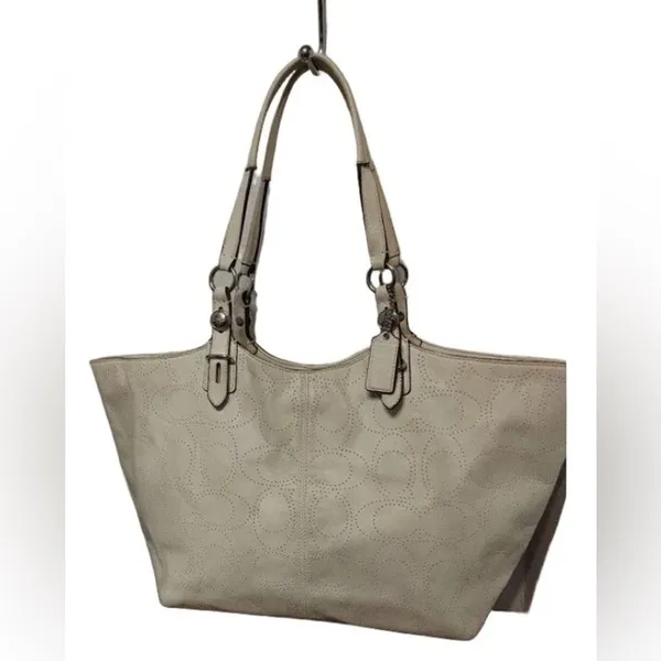 Coach Carly Perforated Leather Tote F16598 Light Taupe Large Shoulder Bag - Image 3