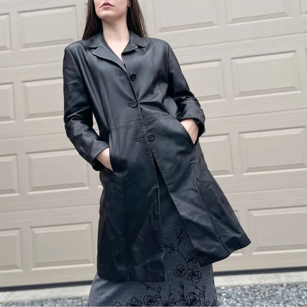 Vintage 90s Toppolino Black Soft Leather Long Duster Trench Coat Jacket M - Image 12