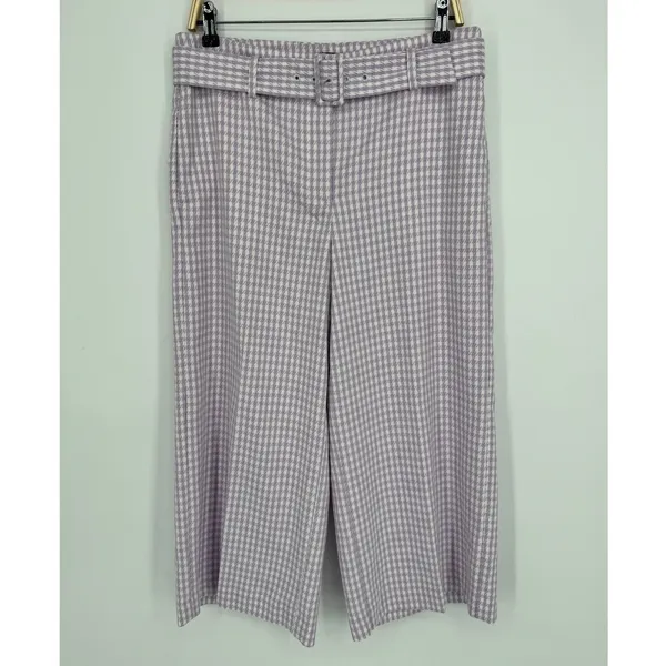 Ann Taylor Wide Leg Crop Pants Size 10 Purple Gingham Belted Preppy Career - Image 3